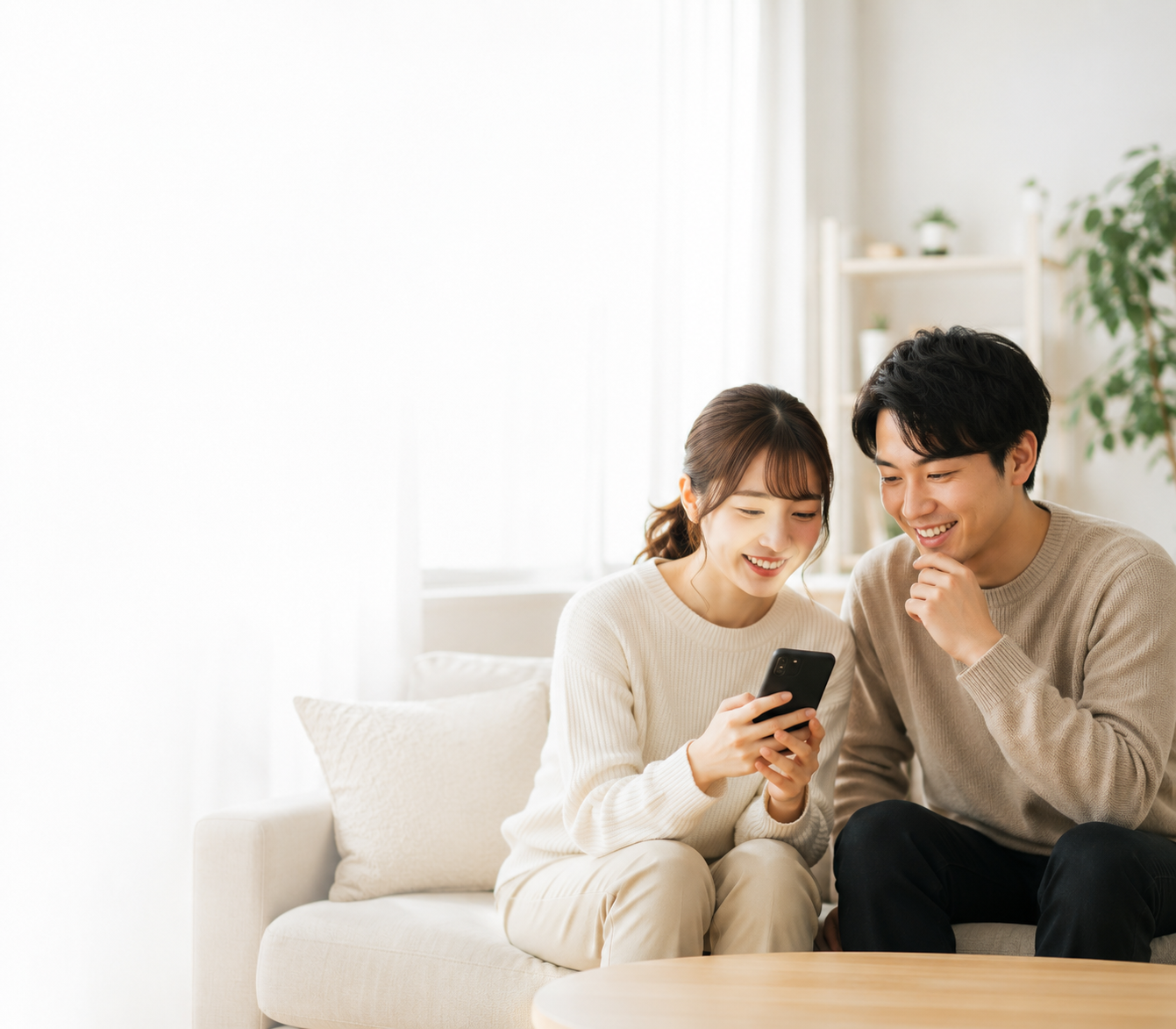 スマートフォンで商品を比較するカップル